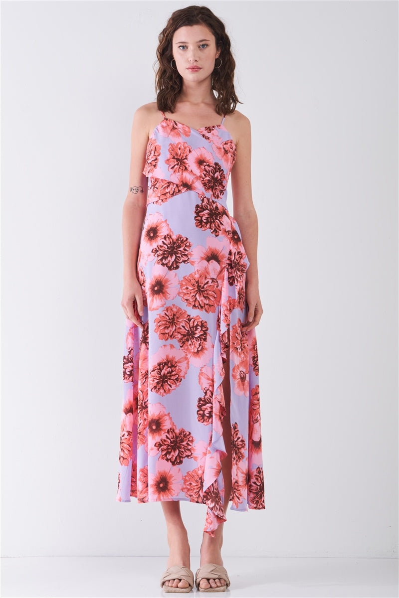 Floral Print Sleeveless Self-tie Wide Wrap Front Ruffle Hem Side Slit Detail Midi Dress