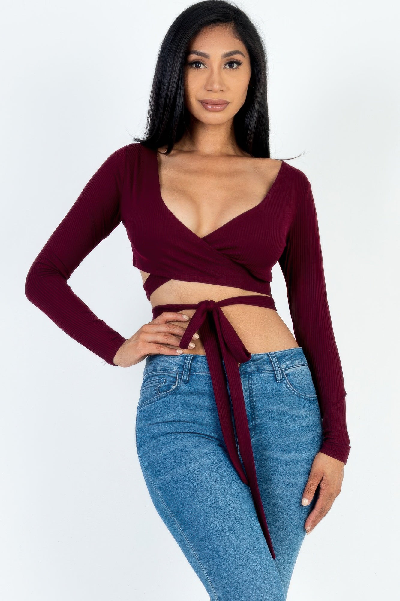 Cross Wrap Tie Front Rib Knit Crop Top